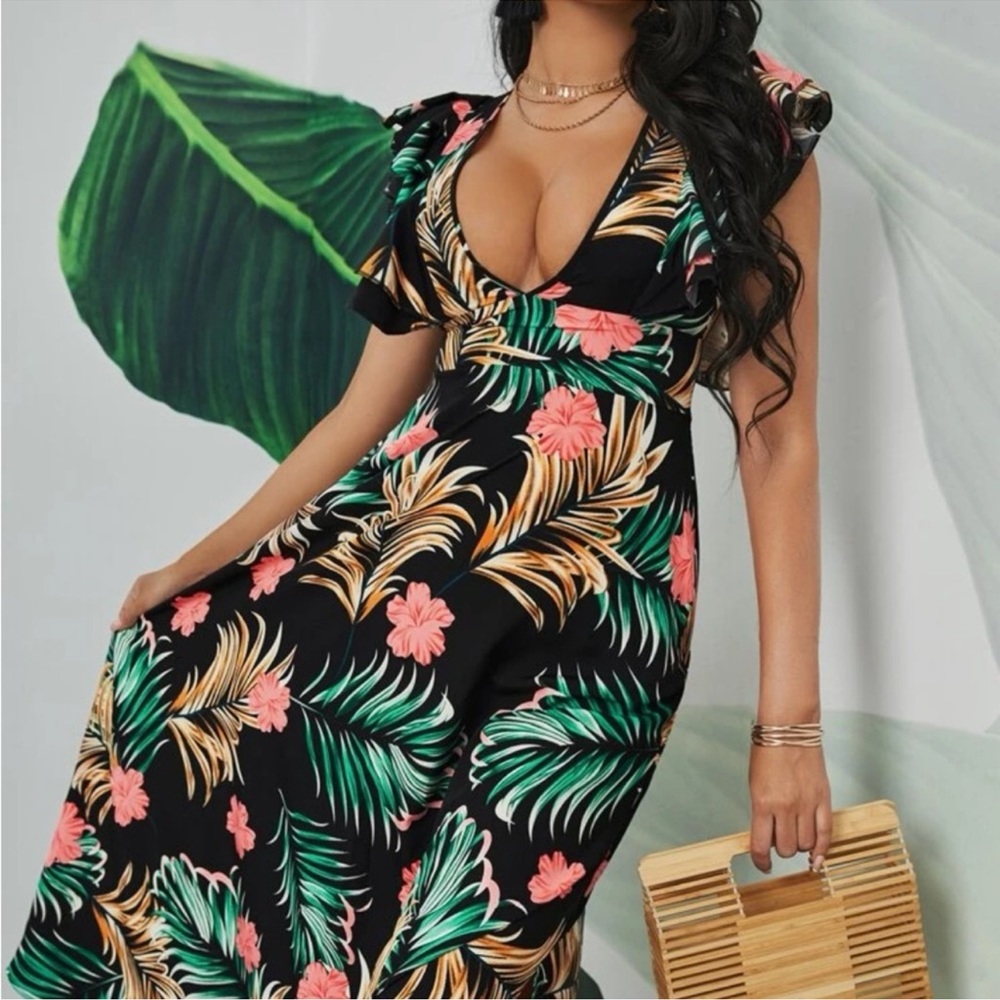 SHEIN SXY Tropical Print Deep V Neck Layered Sleeve Dress - Picture 2 of 4